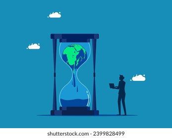 Climate change concept. Businessman watches the world melt in an hourglass. Vector 