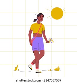 Climate change concept. Character design, vector flat illustration. Global warming, Mankind Problem. Woman walks with flowers in the blazing sun and is exhausted from the heat. Hot summer