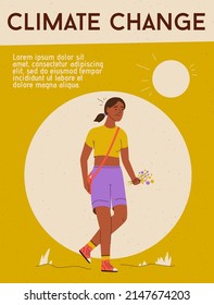 Climate change concept. Character design, vector flat illustration. Global warming, Mankind Problem. Woman walks with flowers in the blazing sun and is exhausted from the heat. Hot summer