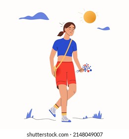 Climate change concept. Character design, vector flat illustration. Global warming, Mankind Problem. Woman walks with flowers in the blazing sun. Hot summer