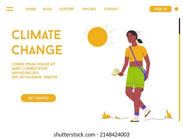 Climate change concept. Character design, vector flat illustration. Global warming, Mankind Problem. Woman walks with flowers in the blazing sun and is exhausted from the heat. Hot summer