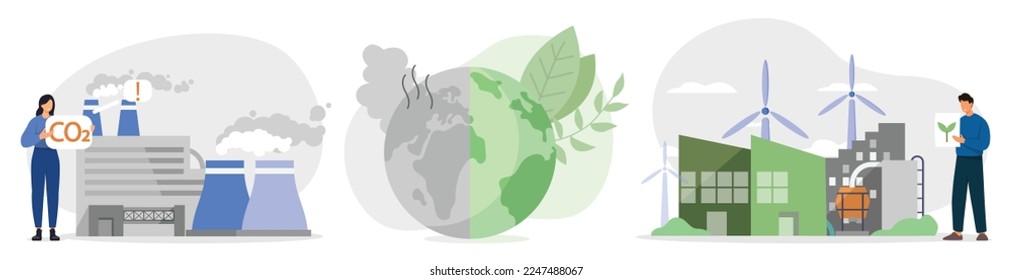 Climate change concept. Clean factory with renewable energy and coal power station producing CO2 emission pollution. Vector illustration.