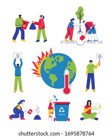 Climate change concept. Earth warming, forest fires, people protesting against climate change, sorting waste and planting trees. Vector illustration.