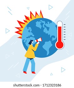 Climate change concept. Earth warming, forest fires, woman with megaphone protesting against climate change. Vector illustration.