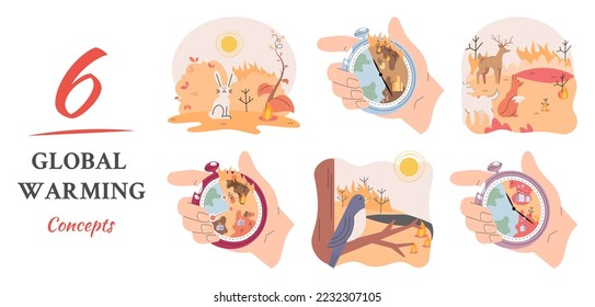 Concepto de cambio climático. Diseño del calentamiento global. Peligro ambiental natural, industria energética, planeta que salva el cambio climático, contaminación del aire. La temperatura aumenta la extinción animal. Día del Medio Ambiente