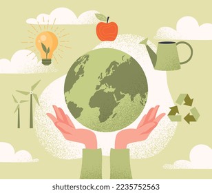 Climate change concept. Hands hold big planet. Ecology care, motivational poster or banner for website. Responsible ecofriendly society, zero waste lifestyle. Cartoon flat vector illustration