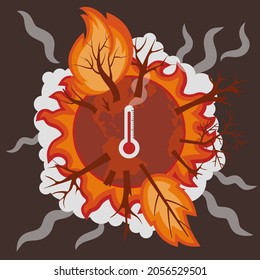 Climate change concept. Illustration of planet in big fire, temperature rise. Vector illustration in flat style