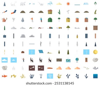 Climate change concept infographic elements. People, plants, animals and fishes. Global warming problems. Big Set of vector isolated flat eco icons. Environmental conservation, human harm to nature