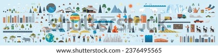 Climate change concept infographic elements. Global warming illustration. Global environmental problems. Climate change big set with icons. Sustainability ecology with high pollution earth Save planet