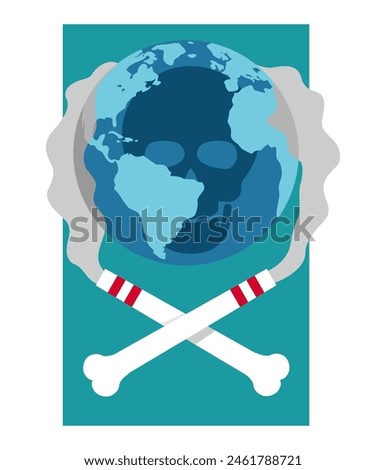 Climate change concept for poster or report - planet Earth with factory chimneys in the form of crossed bones as a symbol of mortal danger, from which smoke comes out, enveloping the planet