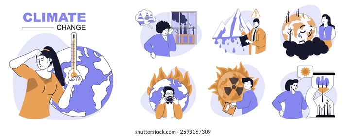 Climate change concept set in flat web design. People in isolated scenes suffering from hot temperature, toxic industry pollution, melting glaciers, wildfire and radiation risk. Vector illustrations.