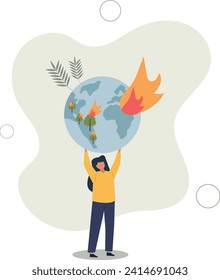 concepto de cambio climático.Carácter que muestra desastres naturales, como incendios forestales.ilustración vectorial plana.