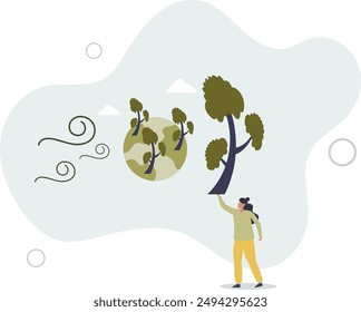 climate change concept.Character showing natural disaster, such as strong wind.flat design.illustration with people.