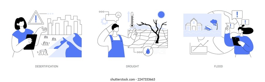 Climate change consequences abstract concept vector illustration set. Desertification and soil contamination, drought, flood and tsunami, tropical cyclone, extreme weather condition abstract metaphor.