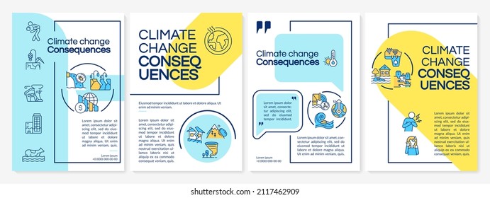 Climate change consequences blue and yellow brochure template. Booklet print design with linear icons. Vector layouts for presentation, annual reports, ads. Questrial, Lato-Regular fonts used