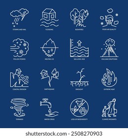 Climate change consequences line icon set. Vector illustration.