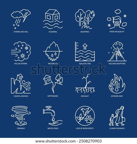 Climate change consequences line icon set. Vector illustration.
