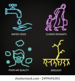 Climate change consequences neon icon set. Water crisis, poor air quality, drought and climate refugees. Vector illustration.