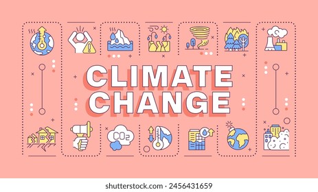 Climate change coral pink word concept. Industrial water pollution, global warming. Natural disaster. Typography banner. Vector illustration with title text, editable icons color