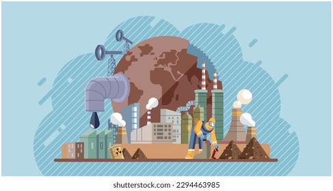 Climate change cycle as dried or dry cracked land suffering from drought. Industries create pollution and cities that affected by pollution. Metaphor climate change, global warming and water crisis