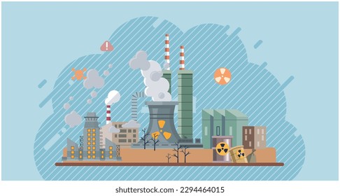 Climate change cycle as dried or dry cracked land suffering from drought. Industries create pollution and cities that affected by pollution. Metaphor climate change, global warming and water crisis