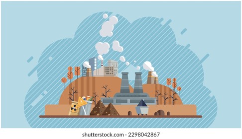 Climate change cycle as dried or dry cracked land suffering from drought. Industries create pollution and cities that affected by pollution. Metaphor climate change, global warming and water crisis