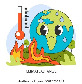 El cambio climático. Personaje de caricatura de la Tierra con llamas en aumento. Temperatura creciente. Urgencia del calentamiento global, clima anormal. Ilustración vectorial plana.