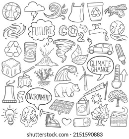 Climate Change Doodle Icons. Hand Made Line Art. Ecology Clipart Logotype Symbol Design.