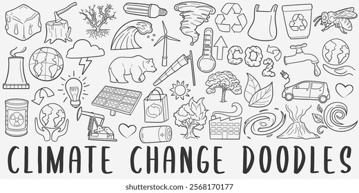 Climate Change Doodle Icons. Hand Made Line Art. Ecology Clipart Logotype Symbol Design.	