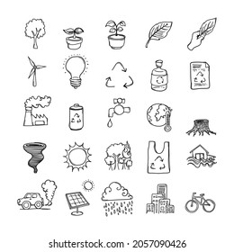 Climate Change Doodle Vector Icon Set. Drawing Sketch Illustration Hand Drawn Line.