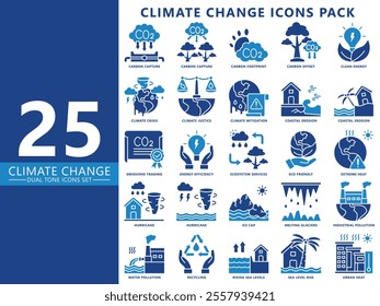 Climate change dual tone icon set, contain pollutions, alternative energy, storm, deforestation, ice cap, carbon and more. vector EPS 10. For UI, UX, app and web development, ecology and environmental