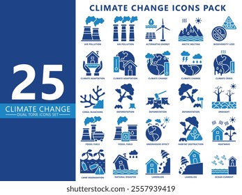 Climate change dual tone icons set, contain pollutions, alternative energy, energy, ecosystem, deforestation and more. vector EPS 10. For UI, UX, app and web development., ecology and environmental.