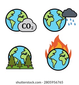Climate Change Earth Icons - Tree with Earth, Fire, Cloud Rain and carbon dioxide Vector Set