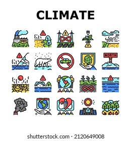 Climate Change And Eco Problem Icons Set Vector. Nature Care Day And Conservation World, Desertification And Renewable Energy, Climate Change And Glacier Melt Line. Color Illustrations