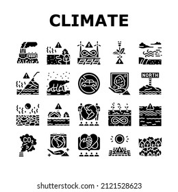 Climate Change And Eco Problem Icons Set Vector. Nature Care Day And Conservation World, Desertification And Renewable Energy, Climate Change And Glacier Melt Glyph Pictograms Black Illustrations