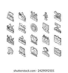 Climate Change And Eco Problem isometric icons set. Nature Care Day And Conservation World, Desertification And Renewable Energy, Climate Change And Glacier Melt Line. Color