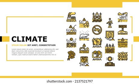 Climate Change And Eco Problem Landing Web Page Header Banner Template Vector. Nature Care Day And Conservation World, Desertification And Renewable Energy, Climate Change Glacier Melt. Illustration