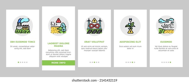 Climate Change And Eco Problem Onboarding Mobile App Page Screen Vector. Nature Care Day And Conservation World, Desertification And Renewable Energy, Climate Change And Glacier Melt . Illustrations