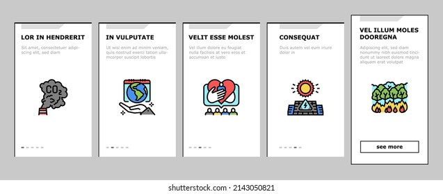 Climate Change And Eco Problem Onboarding Mobile App Page Screen Vector. Nature Care Day And Conservation World, Desertification And Renewable Energy, Climate Change And Glacier Melt . Illustrations