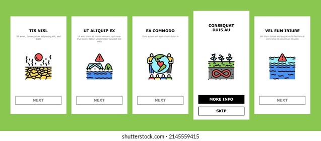 Climate Change And Eco Problem Onboarding Mobile App Page Screen Vector. Nature Care Day And Conservation World, Desertification And Renewable Energy, Climate Change And Glacier Melt . Illustrations