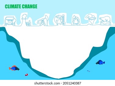 climate change and ecological problems concept. Theme illustration on the theme of climate and natural disasters with iceberg. icons for fish wearing masks and environmental problems