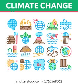 Climate Change Ecology Collection Icons Set Vector. Climate Warming And Drought, Deforestation And Forest Fire, Co2 Emission And Eruption Concept Linear Pictograms. Color Illustrations
