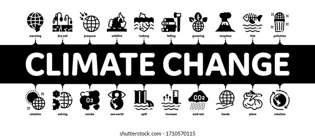 Climate Change Ecology Minimal Infographic Web Banner Vector. Climate Warming And Drought, Deforestation And Forest Fire, Co2 Emission And Eruption Illustrations