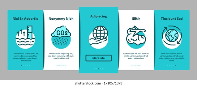 Climate Change Ecology Onboarding Mobile App Page Screen Vector. Climate Warming And Drought, Deforestation And Forest Fire, Co2 Emission And Eruption Color Contour Illustrations