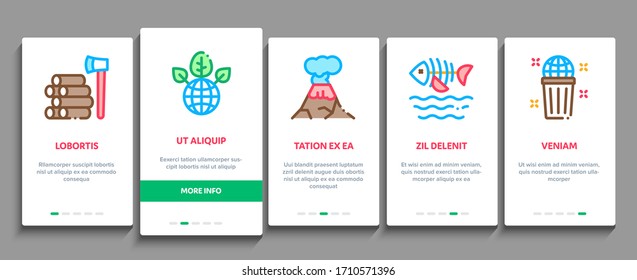 Climate Change Ecology Onboarding Mobile App Page Screen Vector. Climate Warming And Drought, Deforestation And Forest Fire, Co2 Emission And Eruption Color Contour Illustrations