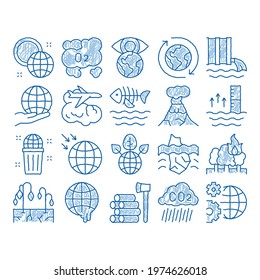 Climate Change Ecology sketch icon vector. Hand drawn blue doodle line art Climate Warming And Drought, Deforestation And Forest Fire, Co2 Emission And Eruption Illustrations