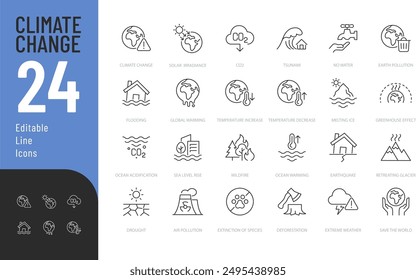 Climate Change Editable Icons set. Vector illustration in modern thin line style of ecology related icons: global warming, drought, melting ice, and more. Pictograms and infographics