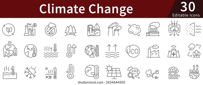 Mudança climática Linha editável Ícones definidos para aquecimento global, meio ambiente, clima e sustentabilidade