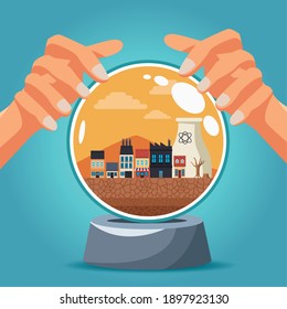 climate change effect city scape desertic scene in sphere vector illustration design