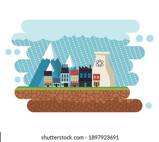 Klimawandel-Effekt Stadtlandschaft mit regnerischem Vektorgrafik-Design